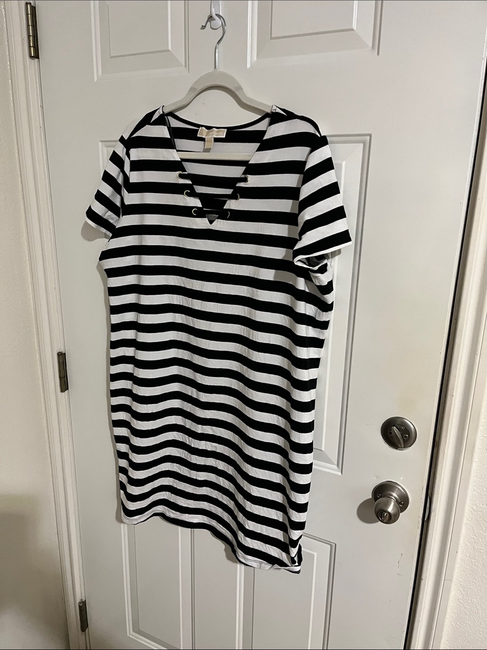 MICHAEL Michael Kors Black and White Striped Lace-Up V-Neck dress